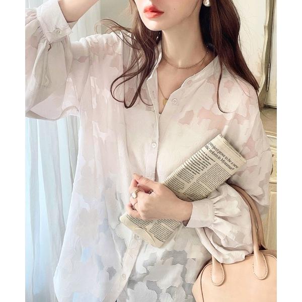 ブラウス シャツ フラワーシフォンジャガードボリュームスリーブシャツ レディース