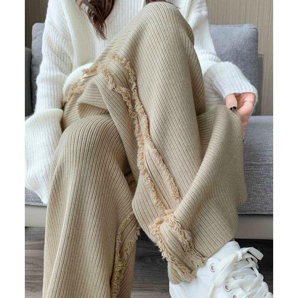 パンツ サイドフリンジニットワイドパンツ レディース