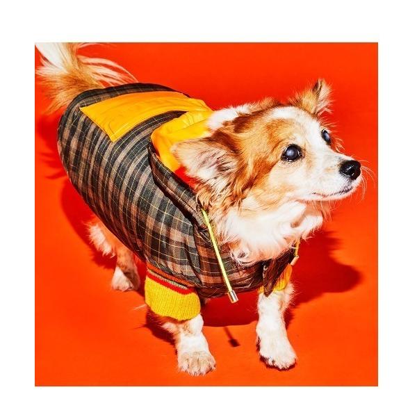 犬 服 BROWN PLAID/ NEON ORANGE NYLON PUFFER JACKET