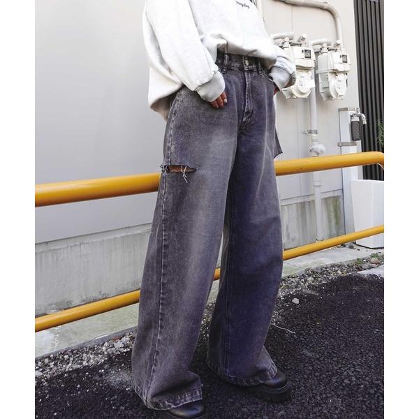 ジーンズ デニム デニムパンツ ハイウエストカットデザインルーズデニムパンツ レディース
