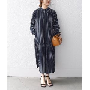 レディース ワンピース SHIPS any:「洗濯機可能」ロウ ギャザー ロング スリーブ ストライプ ワンピース