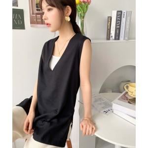 ベスト コットンリネンサイドスリット Vネックベスト