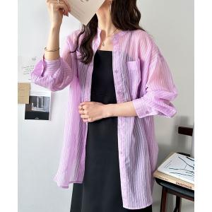 ブラウス シャツ シアー素材ストライプマルチウェイシャツ レディース