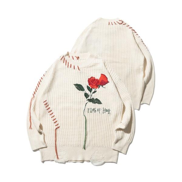 トレーナー スウェット HOOK -original- ワッフル編み手縫いステッチバラ刺繍ニット風ス...