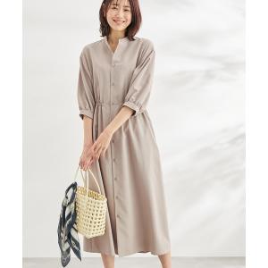ワンピース 麻調5分袖バンドカラーワンピース