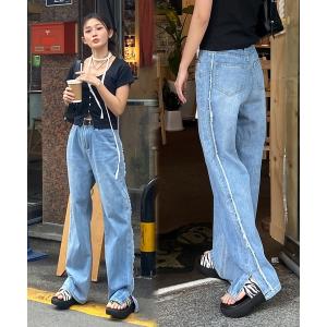 ジーンズ デニム デニムパンツ 「お気に入り登録数5.3万突破！」サイドフリンジスリットパンツ レディース