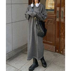 ワンピース 裏毛配色ステッチ長袖スウェットワンピース