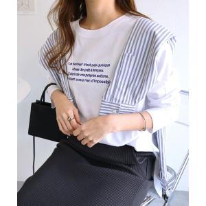 tシャツ 無地/ボーダーエンブロイダリーロゴ長袖Tシャツ レディース