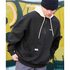 パーカー 「retock's」ロゴ刺繍/ピスネーム フード配色 ビッグシルエット ハーフジッププルオーバーパーカー メンズ レディース