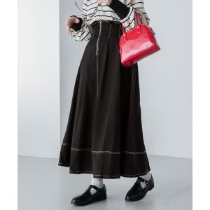 デニムスカート 配色ステッチ タックフレア ハイウエストデニム/ツイルスカート