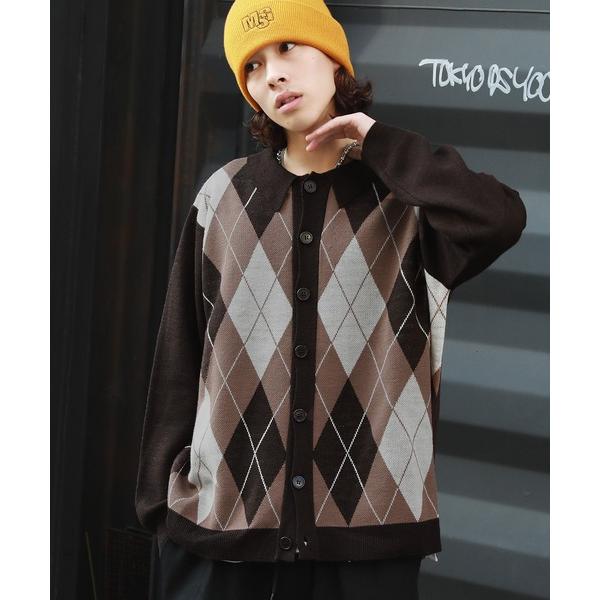 カーディガン セミルーズシルエット ジャガード ニットポロカーディガン 花柄　アーガイル　ストライプ...