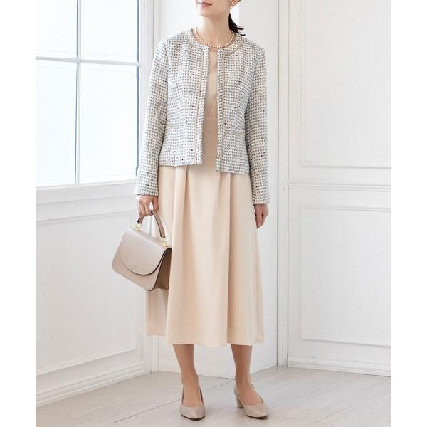 セットアップ ツイードノーカラージャケット×8分袖ワンピースセレモニースーツ2点セット レディース