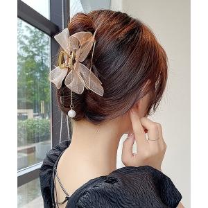 ヘアクリップ レディース チュールリボンパールヘアクリップ