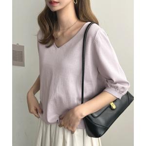 ニット Vネック5分丈半袖ニットソー