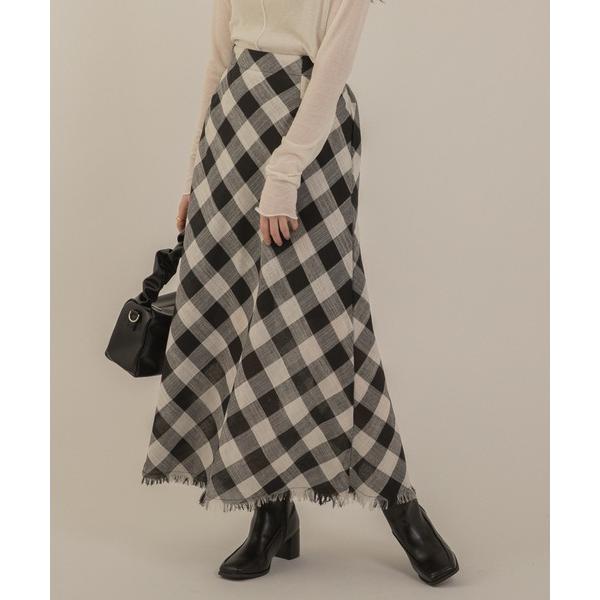 スカート 裾フリンジチェックロングスカート