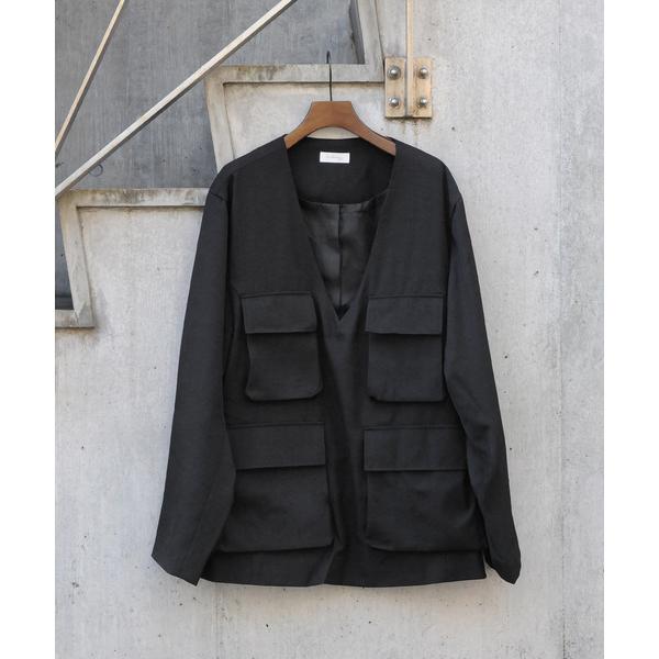 ジャケット ノーカラージャケット 4ポケットミリタリーVネックノーカラージャケット / カーゴジャケ...