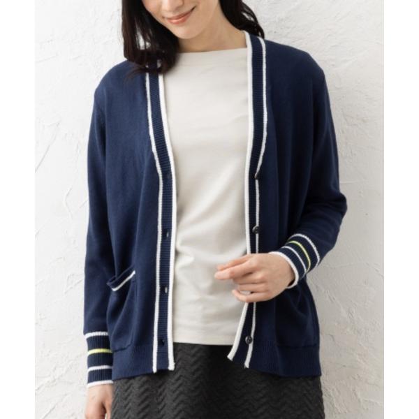 カーディガン 配色ラインアクセントミドルゲージカーデ レディース