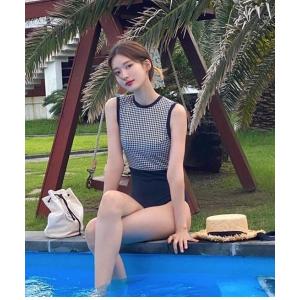 水着 バイカラー千鳥柄ノースリーブワンピース 水着 レディース