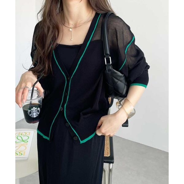 カーディガン 「羽織り/持ち運び/冷房対策に便利！」配色ラインシアーニットカーディガン レディース