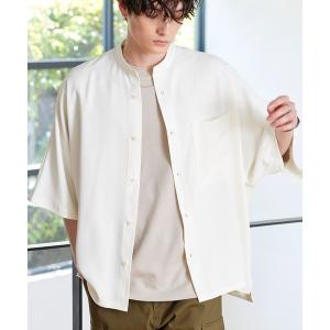 シャツ ブラウス 綾トロミ ドレープドルマン ハーフスリーブバンドカラーシャツ