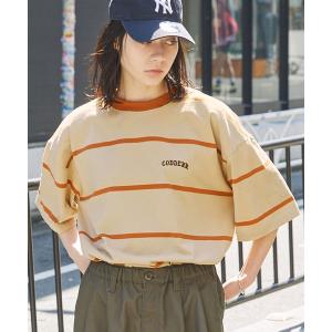 tシャツ Tシャツ アーチロゴ刺繍 ボーダー ビッグシルエットリンガーTシャツ