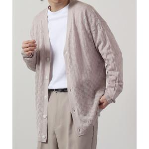 カーディガン リネンライク 透かしメッシュ編みルーズサイズVネックカーディガン