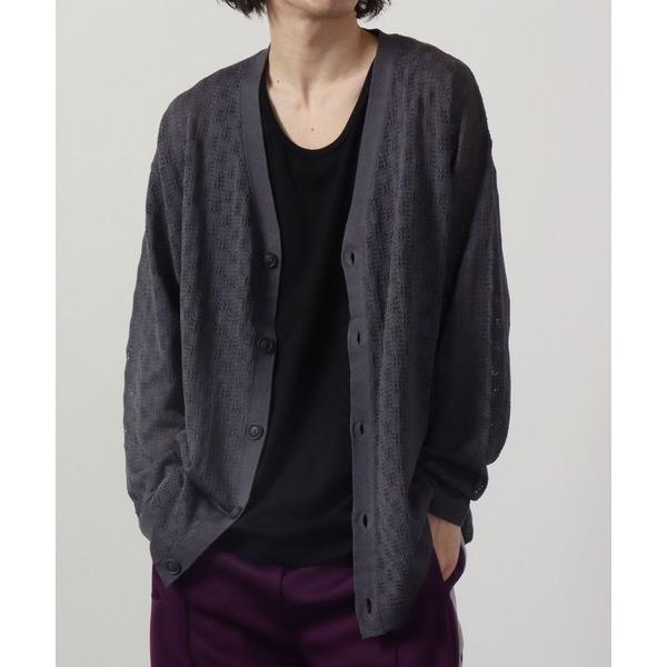 カーディガン リネンライク 透かしメッシュ編みルーズサイズVネックカーディガン メンズ レディース