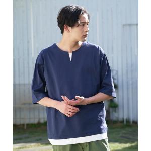 メンズ tシャツ Tシャツ 汗染みの目立ちにくいTシャツ ZEROSTAIN ゼロステイン　撥水性　UVカット スラブ　キーネック　フェイクレイヤード｜zozo