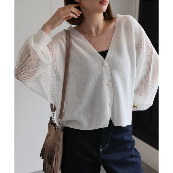 カーディガン パールボタン付き ドルマンスリーブシアーニットカーディガン レディース