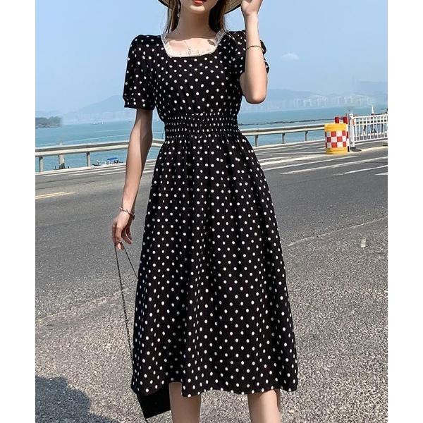 ワンピース ドット柄パールチュールスクエアネックワンピース