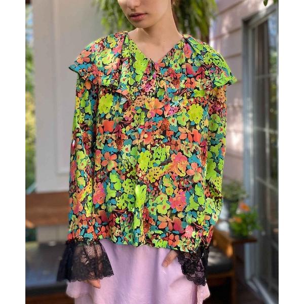 ブラウス シャツ インポートフラワープリントフレアカラーブラウス レディース