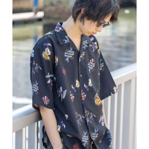 シャツ ブラウス 【BEN DAVIS(ベン デイビス)】NEEDLE WORKS O/C SHIRTS / タトゥー風 デザイン 総柄 プリント 半