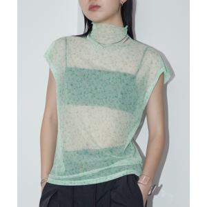 tシャツ ハイネックシアーフレンチスリーブトップス レディース