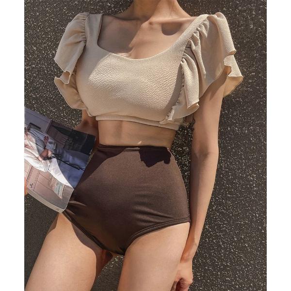 水着 フリルオフショルダーハイウエストビキニ 水着 レディース