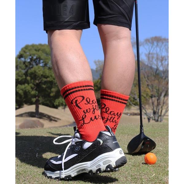 靴下 (RM)「LUXE/R」スクリプト ＆ ライン柄 クルー ソックス メンズ