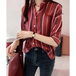 ブラウス シャツ 7分袖　プリント　ストライプ柄　シャツ レディース