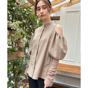 ブラウス シャツ ウールチェックオフショルダーブラウス レディース