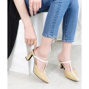 パンプス フレアヒールTストラップミュール