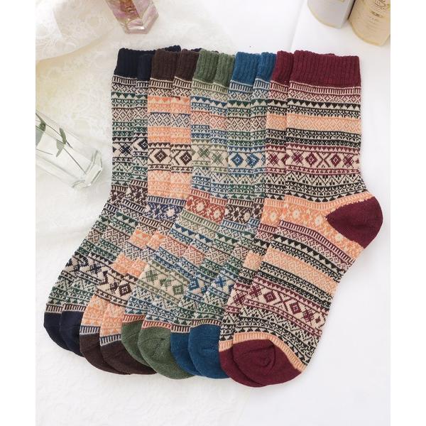 靴下 「10足セット」トライバル柄ショート丈カラーソックス レディース