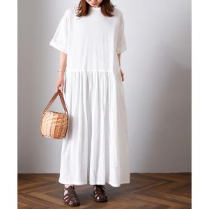 ワンピース 1-ウエスト ギャザー 半袖 ２ｗａｙ コットン ロング  シアー シャツ ワンピース レディース