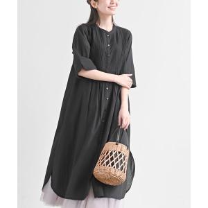 シャツワンピース 刺繍×ピンタックバンドカラーシャツワンピース