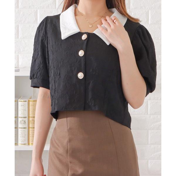 ブラウス シャツ パールボタン付きバイカラー半袖前開きブラウス レディース