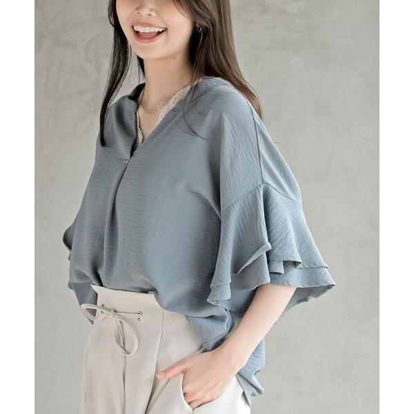 ブラウス シャツ バンドカラーフリル袖ブラウス レディース