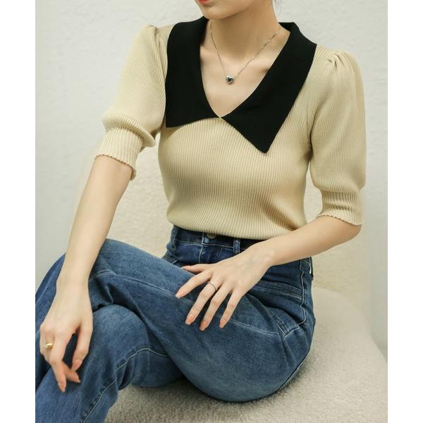 tシャツ バイカラー半袖ニットTシャツ レディース