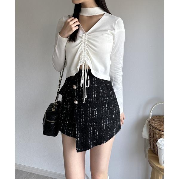 スカート アシンメトリーツイードハイウエストフェイクスカート