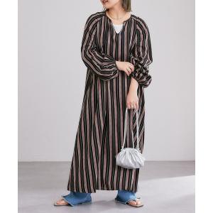 ワンピース ストライプ袖ギャザーワンピース
