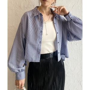 ブラウス シャツ ボリュームスリーブショート丈長袖ストライプシアーシャツ レディース