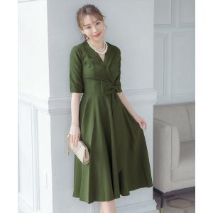 ワンピース パーティードレス 襟デザイン 五部袖 ウエストリボン ハイウエスト 切り替え Aライン ワンピース 低身長 20代 30代 大きいサイズ