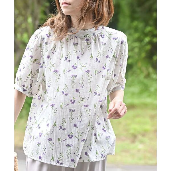 ブラウス シャツ 花柄プチハイネック７分袖ブラウス レディース
