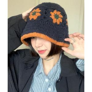 帽子 ハット クロシェフラワーデザインニットバケットハット メンズ レディース
